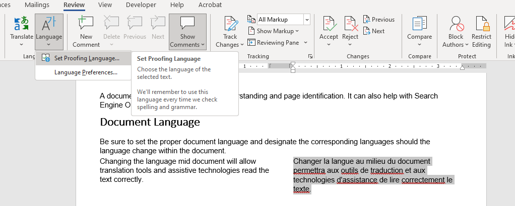 Screenshot of the language options menu with Set Proofing language selected.