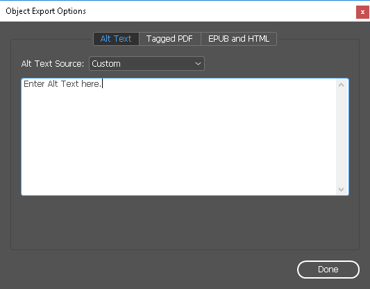 Screenshot of Object Export Options Alt Text Tab with Alt Text Source set to Custom and alt text typed into edit box.