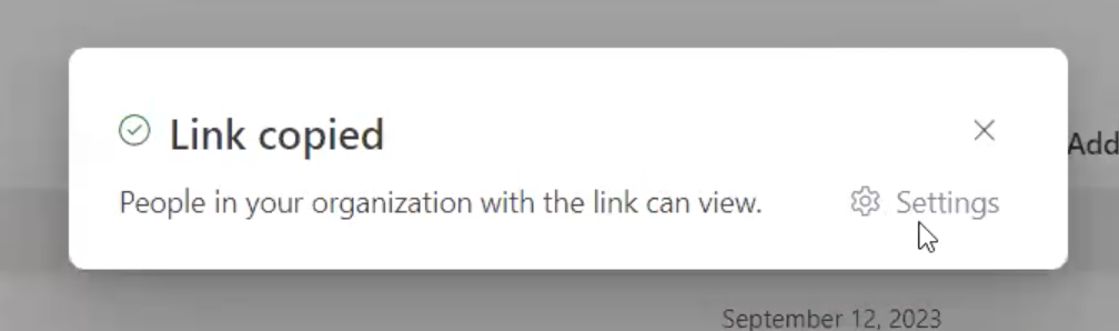A pop up confirming a link to a file has been copied