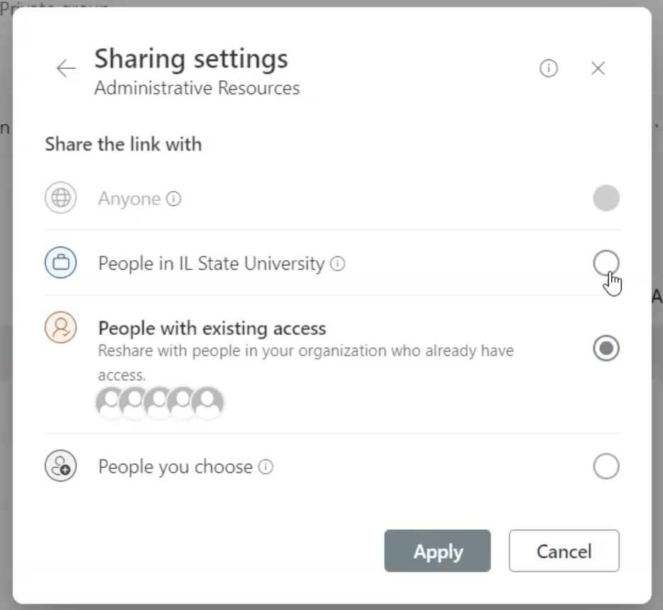 The different sharing settings for a link, with the desired setting selected.