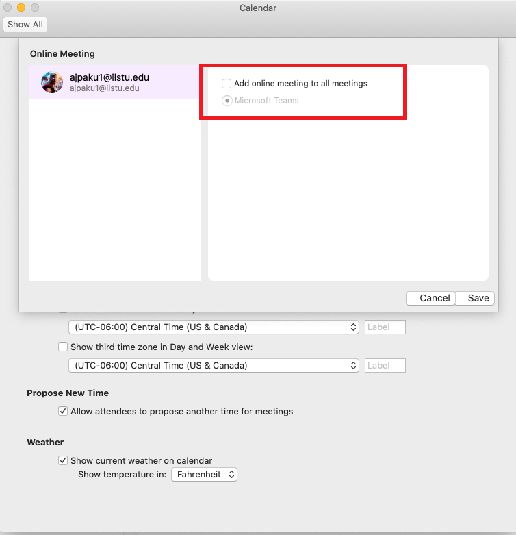 Screenshot of the add online meetings to all meetings on the mac